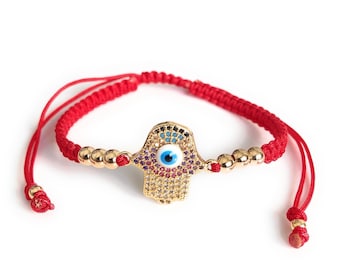 Gold Evil Eye Bracelet, Red String Kabbalah Bracelet, Hamsa Hand Jewelry, Evil Eye Bracelet, Jewish Gift,  Fatima Hand Charm, Lucky Jewelry