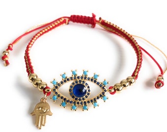 Figa Charm Gold Evil Eye Bracelet, Red String Protection Bracelet, Gold Evil Eye for Women, Hamsa Hand Macrame Bracelet, Pulsera Mal de Ojo