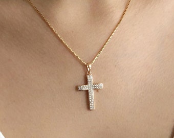 Cubic Zirconia Cross Necklace, 18K Gold Plated Box Chain, Catholic Gift, Delicate Gold Cross Pendant, Gift for Woman, Religious Necklace