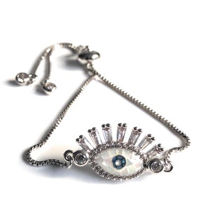 Protection Bracelet, Fashion Bracelet, Lucky Charm Silver Plated Bracelet, Evil Eye CZ Bracelet, Kabbalah Bracelet, Pulsera Mal de Ojo