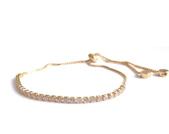 CZ Gold Bolo Bracelets for Women, 18k Gold Plated Rhinestone Bracelet, Adjustable Sliding Closure, Cubic Zirconia Bracelet, Christmas Gift