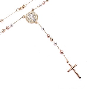 Long Rosary Necklace, Rosary Beads Necklace, Gold Rose and Silver Plated Rosary, Saint Benedict Cross Y Necklace, Unisex Catholic Rosary