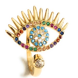 May include: A gold ring with a colorful evil eye design. The eye is surrounded by a circle of small, colorful gemstones. The ring is adjustable and has a small gemstone on the band.