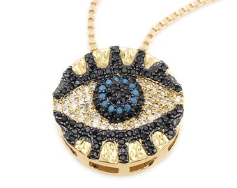 Round Evil Eye Charm, Protection Necklace, Evil Eye Fashion Necklace, Gold Turkish Eye Pendant Necklace, Evil Eye Jewelry, Collar Mal de Ojo