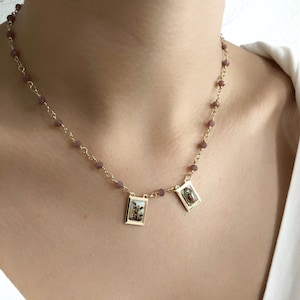 Religious Jewelry, Catholic Scapular Purple Necklace, Our Lady of Guadalupe and St Michael Archangel Scapular, Escapulario, Gift for Women