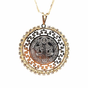 Rhinestones St. Benedict Medal Necklace, Flat Gold Plated Chain, San Benito Necklace, Medalla San Benito, catholic jewelry Christmas gift
