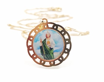 San Judas Tadeo, St Jude Medal Necklace, Dainty Gold Plated Chain, Catholic Gifts, Religious Medals, Children Protector, Saint Jude Tadel