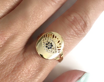 Gold Evil Eye Ring, Adjustable Ring, CZ Evil Eye Adjustable Ring, Evil Eye Jewelry, Trendy Fashion Ring, Adjustable Good Luck Fashion Ring