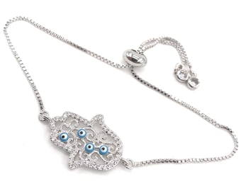 Fatima Hand Evil Eye Bracelet, Modern Hamsa Hand Bracelet, Lucky Jewelry, Protection Amulet, Adjustable Chain Silver Plated Bracelet