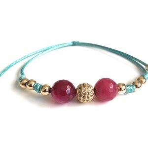 Fuscia Bead Jewelry, Simple Elegant Cubic Zirconia Fire Ball, Everyday Beaded Bracelet, Natural Stone Gold Fashion Bracelet, Christmas Gift