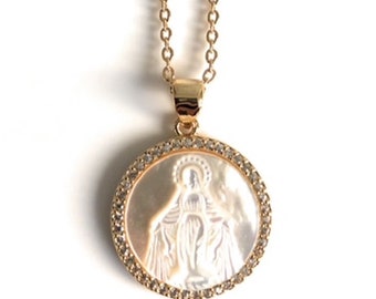 Blessed Mother of Pearl Medal, Catholic Gifts, Miraculous Medal Necklace, Virgen la Milagrosa, Mother of Pearl Charm, La Milagrosa Pendant