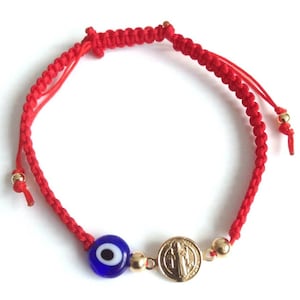 St Benedict Bracelet, San Benito Medal, Protection Mal de Ojo Bracelet, St Benedict Evil Eye, Red String, Medalla San Benito, Religious Gift