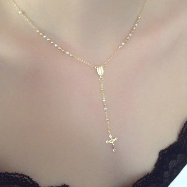 Catholic Rosary for woman, Rosary Beads Necklace Gold, Gold plated crucifix Pendant, Gold Rose and Silver Plated Cross Necklace, Rosaries