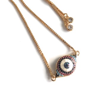 Pulsera Contra Mal de Ojo, Fashion Bracelet, Lucky Charm Bracelet, Kabbalah Evil Eye CZ Bracelet, Cubic Zirconia Adjustable Bolo Bracelet