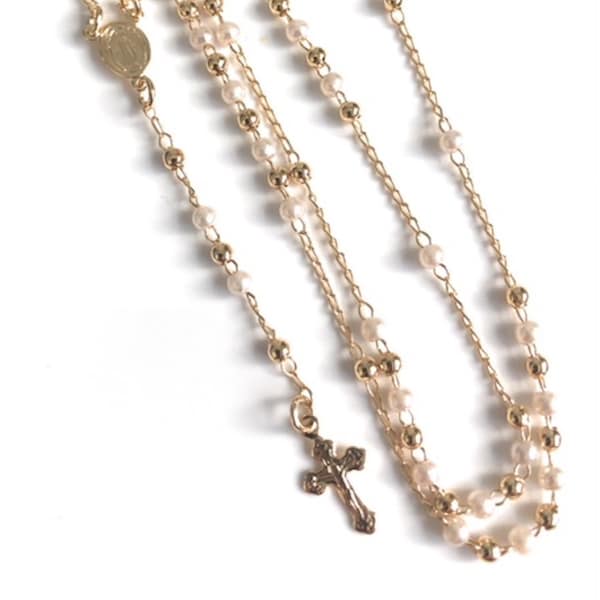 Dainty Rosary Necklace, Miraculous Virgin Pearl Rosary, Rosary Cross Pendant, Pearl Rosary, Catholic Rosary, Gold Cross Necklace, Rosaries