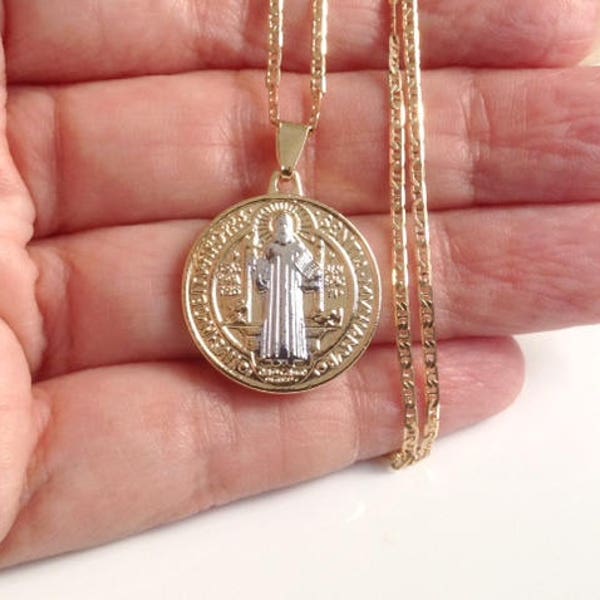 Gold St. Benedict Medal Necklace, Flat Gold Plated Chain, San Benito Necklace, Medalla San Benito, catholic religious jewelry Christmas gift