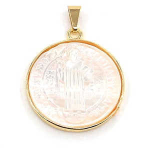 Mother of Pearl St. Benedict Medal Necklace, Tiny Gold Plated Chain, San Benito Necklace, Medalla San Benito, catholic religious jewelry image 10