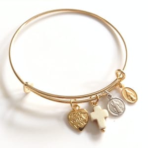 Gold Expandable Bracelet, Adjustable Expandable Bangle Bracelet, St Benedict Medal Bracelet, Miraculous Medal, Religious Jewelry, San Benito