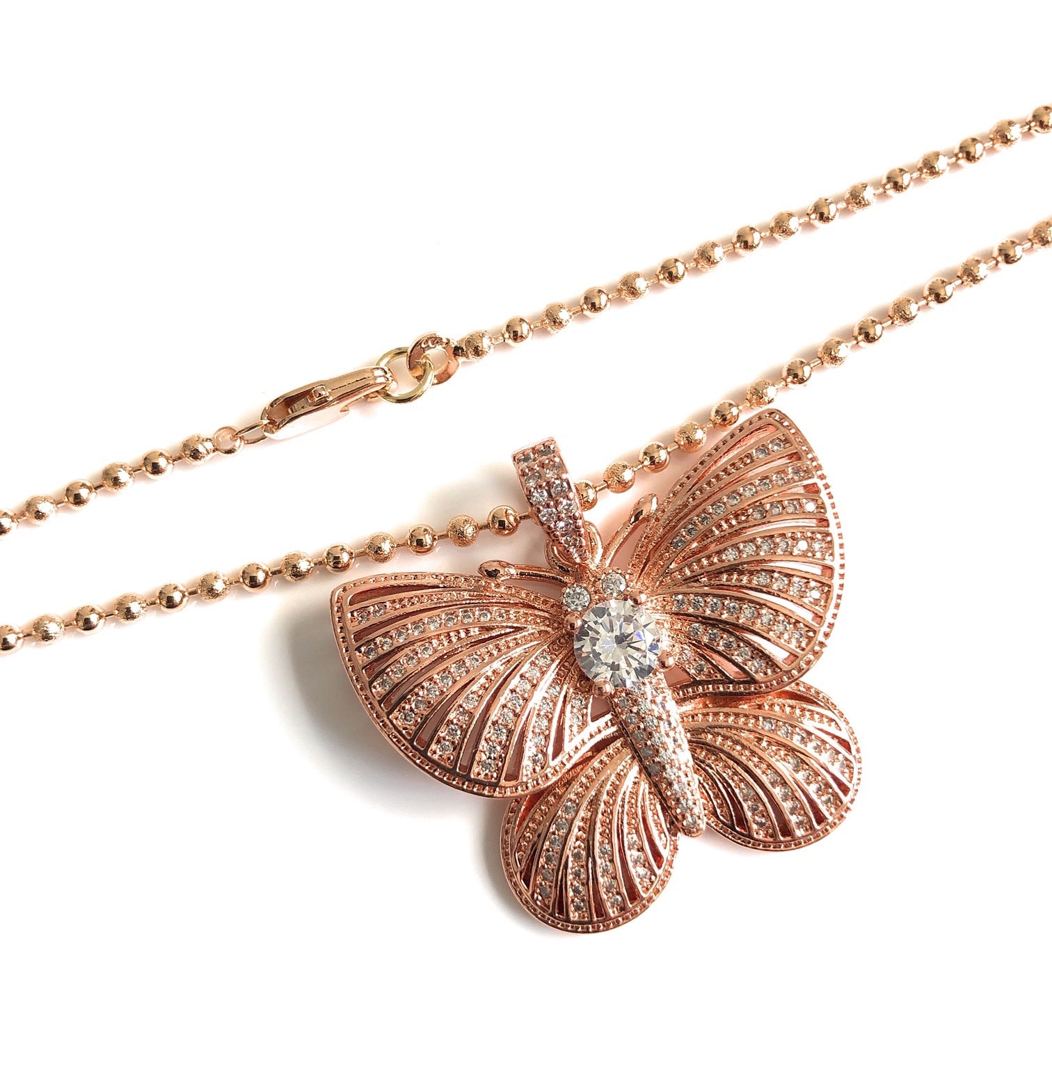 Rose Gold Butterfly Charm Necklace Cubic Zirconia Big Etsy