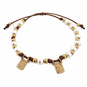 Scapular Pearl Bracelet, 18k Gold Plated Religious Medals, Adjustable