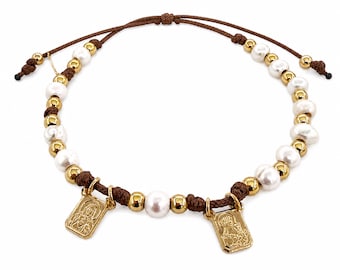 Scapular Pearl Bracelet, 18k Gold Plated Religious Medals, Adjustable