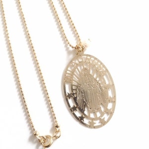 Virgin Mary Pendant, Miraculous Medal Necklace, Gold Holy Mary Medallion Necklace, Ball Gold plated Chain, Catholic Jewelry Religious Medals