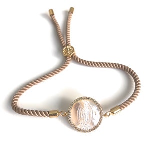 Blessed Mother Medal, Adjustable Bracelet, Religious Jewelry, Mother of Pearl Virgen de Guadalupe Bracelet, Catholic Gifts, Guadalupe Lady
