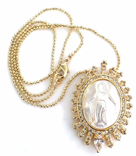 mother of pearl virgin mary necklace