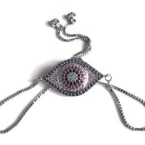 Silver Plated Evil Eye Bracelet, CZ Adjustable Bolo Bracelet, Lucky Amulet Bracelet, Big Evil Eye CZ Bracelet, Pulsera contra mal de ojo
