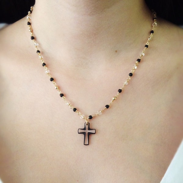 Crucifix Necklace Delicate short rosary, onix and crystal, gold filled necklace, Rosary Style, Swarovski crucifix Cross Pendant, religious