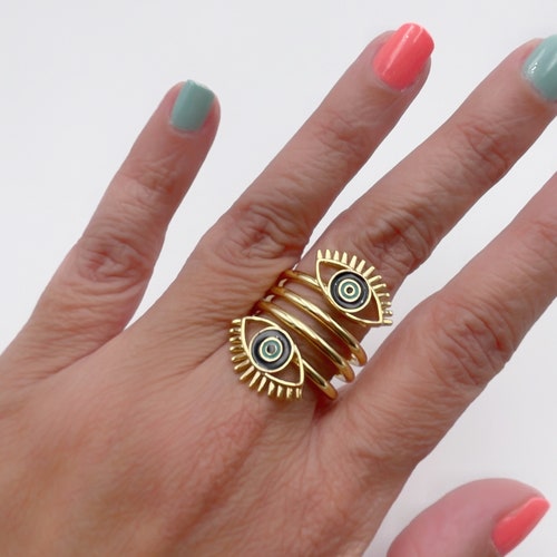 Triple One Size Evil Eye Ring, 18K Gold Plated Protection Ring, Simple Statement deals Adjustable Ring, Evil Eye Jewelry, Anillo para Mal de Ojo