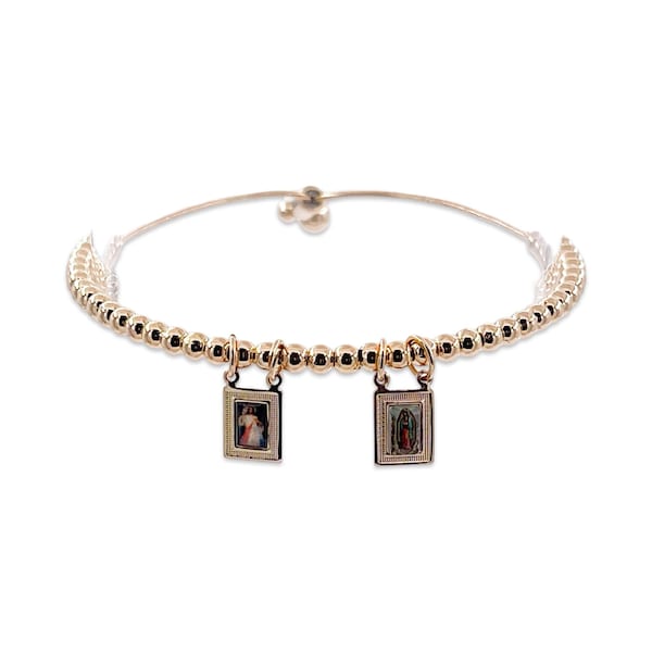 Divine Mercy, Virgin of Guadalupe Gold Beaded Scapular Bracelet, Jesus and Virgin Mary Pendants, Religious Gifts, Catholic Escapulario