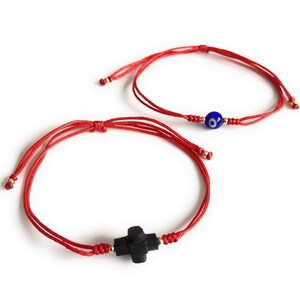 Simple Genuine Azabache Cross, Red String Protection Bracelet, Evil Eye Red Bracelet, Pulsera contra Mal de Ojo, Matching Set of 2 Bracelets