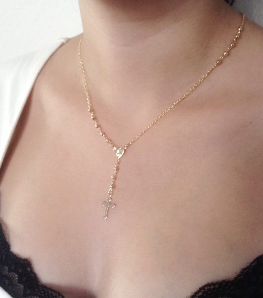 Delicate Gold Rosary Necklace Cross Rosary Necklace Gold Etsy