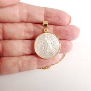 Mother of Pearl St. Benedict Medal Necklace, Tiny Gold Plated Chain, San Benito Necklace, Medalla San Benito, catholic religious jewelry image 2