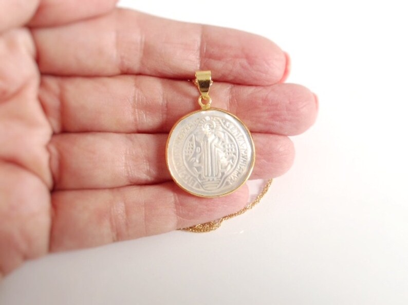 Mother of Pearl St. Benedict Medal Necklace, Tiny Gold Plated Chain, San Benito Necklace, Medalla San Benito, catholic religious jewelry image 2