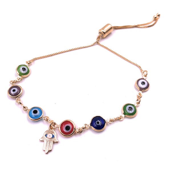 Dainty Evil Eye Bolo Chain, Color Evil Eye Bracelet, Hamsa Beaded Bracelet, Evil Eye Jewelry, Adjustable Clasp Multicolor Evil Eye Bracelet