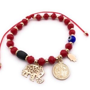 Powerful Protection Amulet Bracelet, Evil Eye, Hamsa Charm, Elephant, Azabache, Pulsera Mal de Ojo, Beaded Red String Bracelet, San Benito image 1