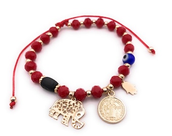 Powerful Protection Amulet Bracelet, Evil Eye, Hamsa Charm, Elephant, Azabache, Pulsera Mal de Ojo, Beaded Red String Bracelet, San Benito