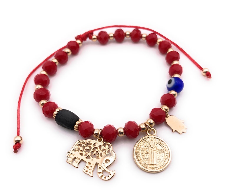 Powerful Protection Amulet Bracelet, Evil Eye, Hamsa Charm, Elephant, Azabache, Pulsera Mal de Ojo, Beaded Red String Bracelet, San Benito image 1