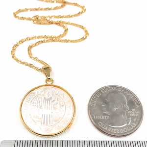 Mother of Pearl St. Benedict Medal Necklace, Tiny Gold Plated Chain, San Benito Necklace, Medalla San Benito, catholic religious jewelry image 4