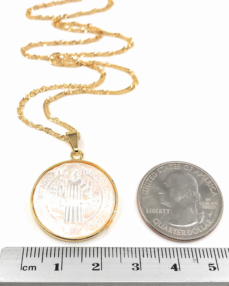 Mother of Pearl St. Benedict Medal Necklace, Tiny Gold Plated Chain, San Benito Necklace, Medalla San Benito, catholic religious jewelry image 4