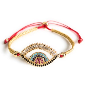 Gold Evil Eye Bracelet, Amulet Charm, Cubic Zirconia Protection Bracelets, Gold Evil Eye for Women, Red String Macrame Bracelet, Mal de Ojo