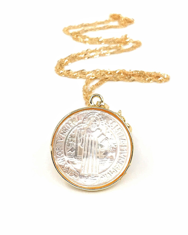 Mother of Pearl St. Benedict Medal Necklace, Tiny Gold Plated Chain, San Benito Necklace, Medalla San Benito, catholic religious jewelry image 1