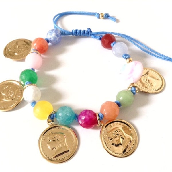 Gypsy Coin Bracelet, Beaded Coin Bracelet, Boho Jewelry for Women, Hippie Lucky Money Coins, Rainbow Stones, Coin Charms Adjustable Bracelet