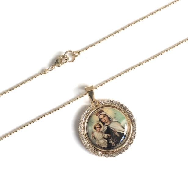 Religious Medals Our Lady of Mount Carmel Gold Medal Rosary Necklace ...