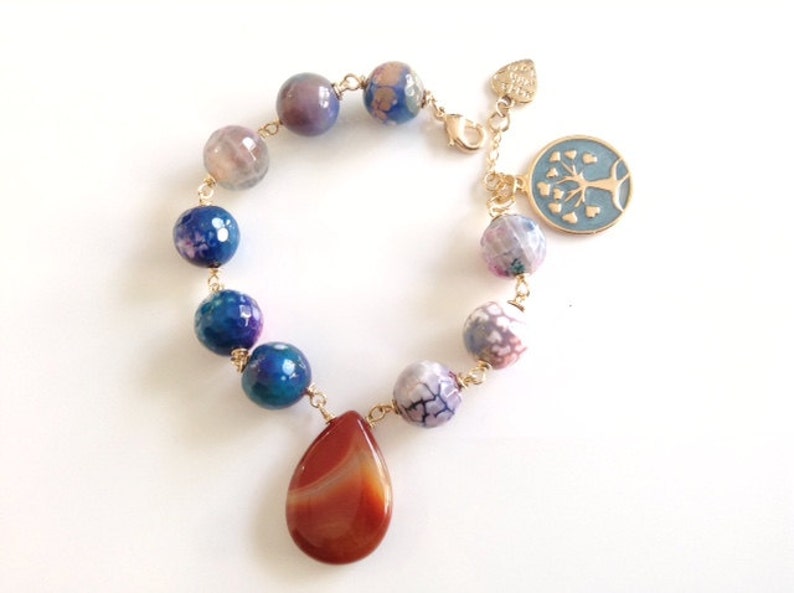 Blue and Brown Stone Tree of life Bracelet Gold Pendant Jade Bracelet Kabbalah Jewelry Brown Gemstone Drop Good Luck Jewelry for Women