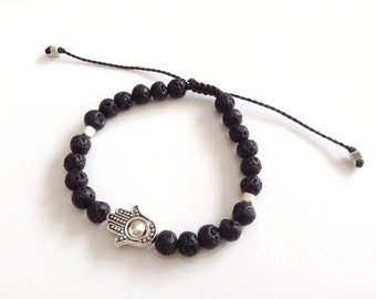 Hamsa men bracelet, men black bead bracelet, Hamsa Bracelet Black lava stone, lucky jewelry, mens jewelry, Black Lava Rock Bracelet, for him