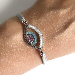 Silver Evil Eye Bracelet, Amulet Charm, Cubic Zirconia Protection Bracelets, Silver Evil Eye for Women, Silver String Macrame Bracelet