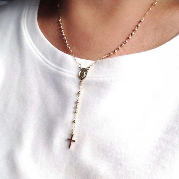 14K Solid Multi-Tone Gold Virgin Mary Beads Rosary Necklace – Crucifix Pendant, Diamond Cut, 16-29in